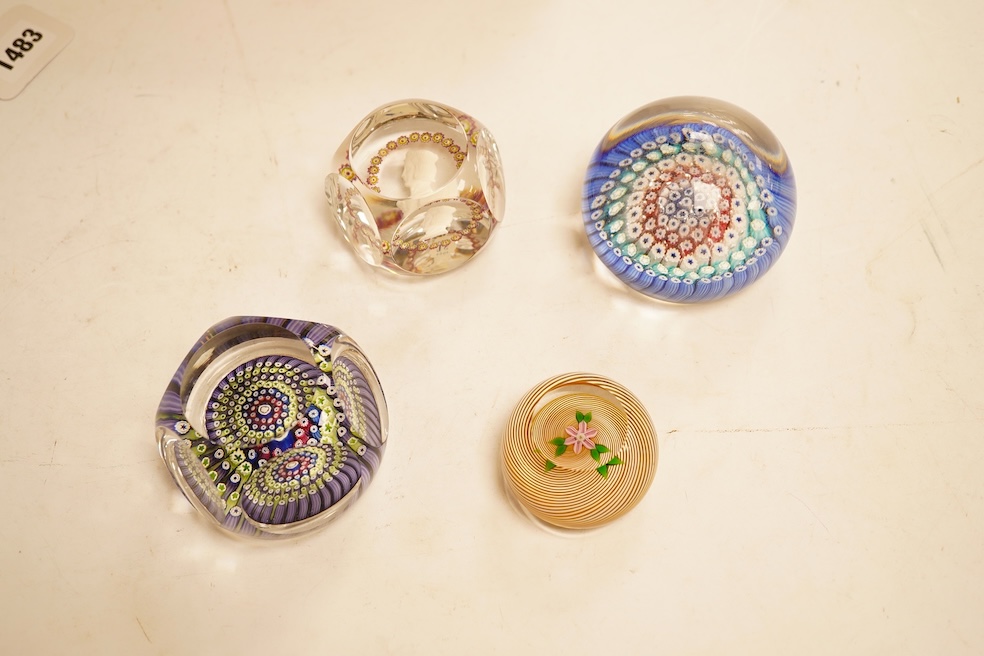 Three Whitefriars glass paperweights and a boxed St Louis sulphide paperweights, largest 7.5cm in diamter